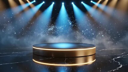 Empty stage with glowing neon lights and smoke, perfect for product display or awards ceremony.