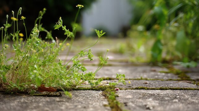 Intricate Weeds Thriving Between Paving Stones in a Lush Residential Garden Pathway