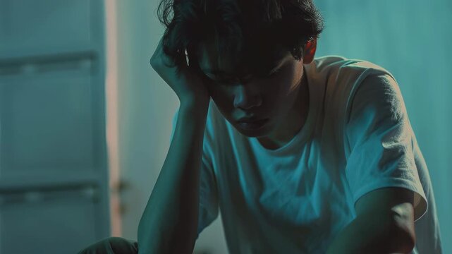 Young man lost in thought with his head resting on a desk, set against an atmospheric background.