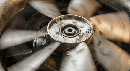 Detailed close up of a rapidly rotating industrial ventilation fan with motion blur for mechanical efficiency concept and engineering power