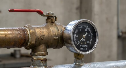 Close-up of a weathered brass valve and pressure gauge on a cooling system pipe for industrial maintenance concept and utility control