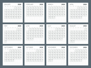 Calendar planner for 2026. 2026 calendar design, set of 12 months. Elegant yearly planner layout for business, corporate documents, reports and modern scheduling systems.