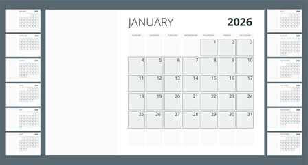 Calendar planner for 2026. 2026 calendar design, set of 12 months. Elegant yearly planner layout for business, corporate documents, reports and modern scheduling systems.