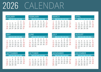 Calendar planner for 2026. 2026 calendar design, set of 12 months. Elegant yearly planner layout for business, corporate documents, reports and modern scheduling systems.