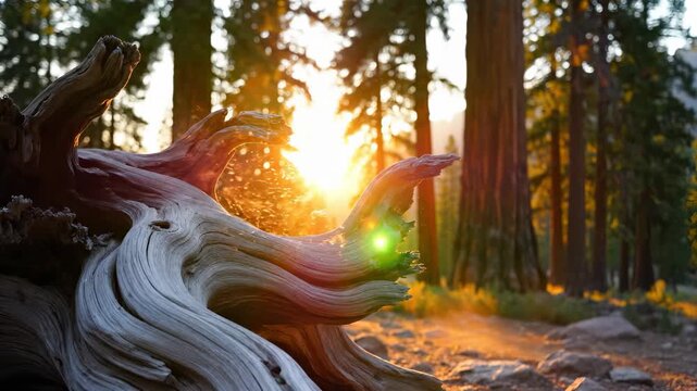 A large piece of weathered wood rests on the forest floor as the sun sets through the towering trees. The intriguing wood shape contrasts with the golden sunlight filtering through the trees.