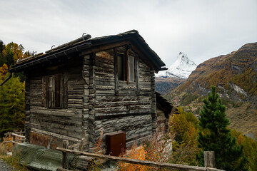 Traditional Cabin On Hillside Over Looks The Matterhorn and Zermatt Below