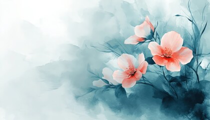 Delicate pink blossoms emerge from soft, impressionistic turquoise background wash