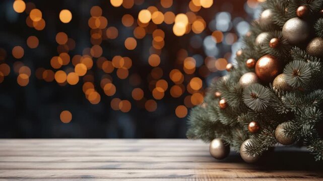 A festive holiday scene featuring a beautifully decorated Christmas tree adorned with shiny gold and silver ornaments against a backdrop of twinkling lights.