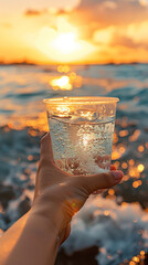 Hand holding the sun over the sea at sunset