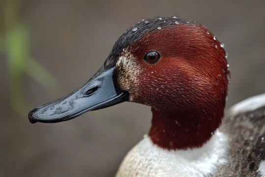Detailed Closeup of a Male Canvasback Duck Gracefully Swimming in a Shallow Duck Pond