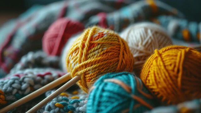 A colorful array of knit yarn balls in various shades and types, perfect for knitting enthusiasts to start their next crafty creation.