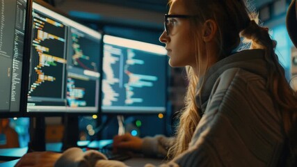 A young adult female with glasses using a desktop computer in low light. She is focused on her work, possibly coding or designing. - Powered by Adobe