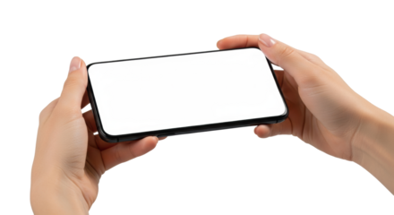 hyper-detailed macro shot of smooth caucasian female hands gripping a sleek black smartphone with a blank white screen, high-key shadowless studio lighting, concept for technology advertising