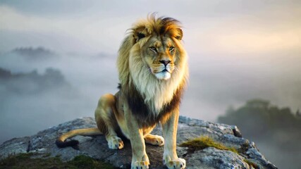 Lion sitting on rock at sunrise in misty landscape, showcasing majesty and strength in natures beauty