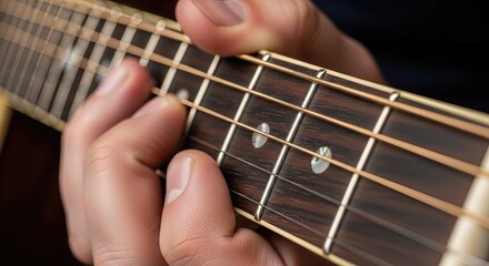 Human fingers expertly press guitar strings, crafting a rich melody. The musician's skillful touch creates captivating acoustic sound, embodying profound musical passion and harmony.