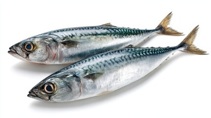 Naklejka premium Whole Silver Mackerel Fish Isolated on White Background with Distinct Eyes and Gills for Fresh Seafood Awareness