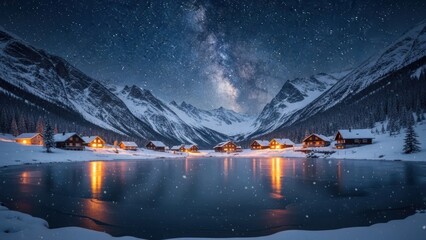 Snow covered mountains near lake at night under starry sky