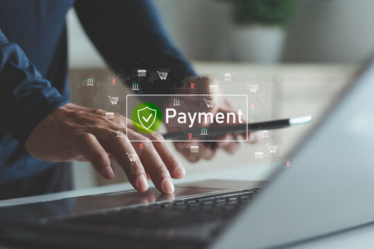 Secure online payment concept with person using smartphone and laptop, showing protected digital transaction interface. E-commerce, fintech, online banking, mobile payment and cybersecurity services. - Powered by Adobe