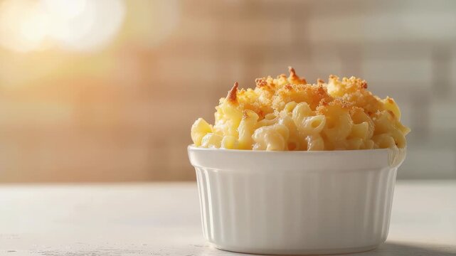 Casserole dish with golden brown topping and creamy pasta inside a ceramic container.