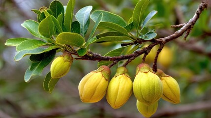 Kigelia Africana: Sausage Tree Branch Displaying Ripening Fruits Amidst Lush Green Leaves in a South African Landscape