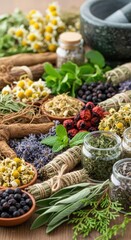 A vibrant assortment of dried herbs, healing plants, and natural remedies including chamomile, lavender, mint, sage, and berries, arranged with a stone mortar and pestle on a wooden surface,