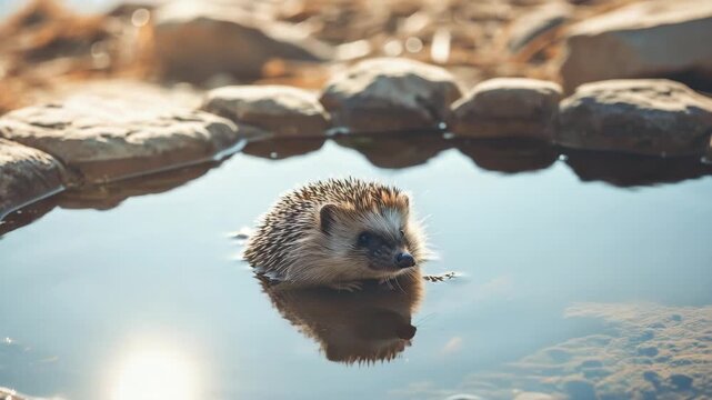 A cute little hedgehog paddling through a small stream. The surrounding environment is natural with some rocks visible.