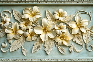 Three dimensional floral bas-relief sculpture displays delicate blossoms and foliage