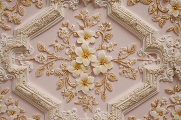 Ornate three dimensional floral relief pattern adorns a pale pink decorative panel