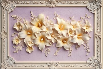 Ornate decorative panel features creamy white three dimensional floral relief against a soft lavender background