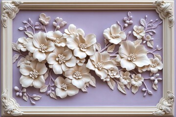 Ornate plaster relief artwork depicts dimensional blossoms against a soft lavender background inside a decorative frame