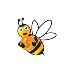 Flying bees bring dollar sign logo icon. Cartoon bee and money business concept in flat style.