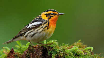 Vibrant Portrait of a Male Blackburnian Warbler on a Mossy Stump Against a Lush Green Backdrop