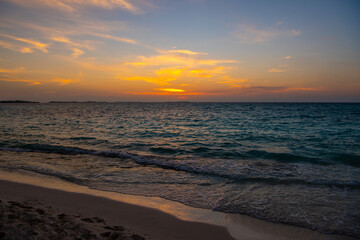 Obraz premium Beautiful sunset. Tranquil closeup calm sea water waves with palm trees. Tropical island beach landscape exotic shore coast. Summer vacation, holiday amazing nature, Maldives.
