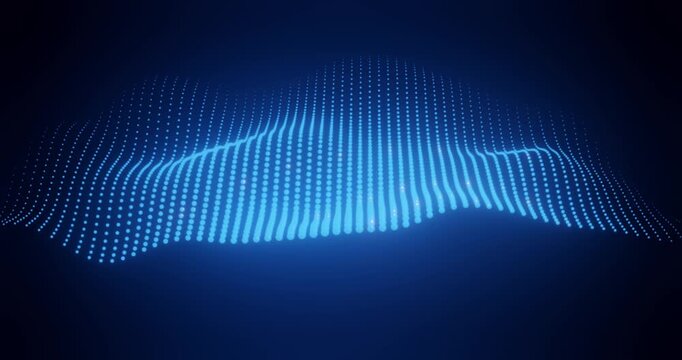 Abstract digital background featuring a flowing wave of glowing blue dots arranged in a grid pattern on a white background. Represents data visualization, technology, sound waves, artificial intellige