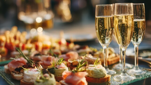 Elegant Setting for Celebrations: Stylish Champagne Glasses and Gourmet Appetizers at a Wedding Reception