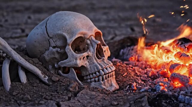 Skeleton skull and bone in dry ground near a burning campfire with ash, a macabre outdoor scene.