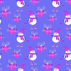 Christmas cartoon ice seamless snowman pattern for wrapping paper and fabrics