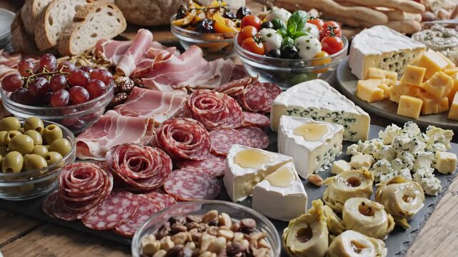 Appetizer food board with cheese, various meat cuts, olives, grapes for catering lunch. Charcuterie platter for event or holiday celebration.