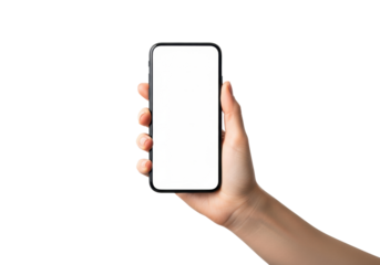 Well-defined caucasian female hand holding a black smartphone with a transparent mockup screen, isolated against a bright seamless studio background, minimalist digital advertising concept