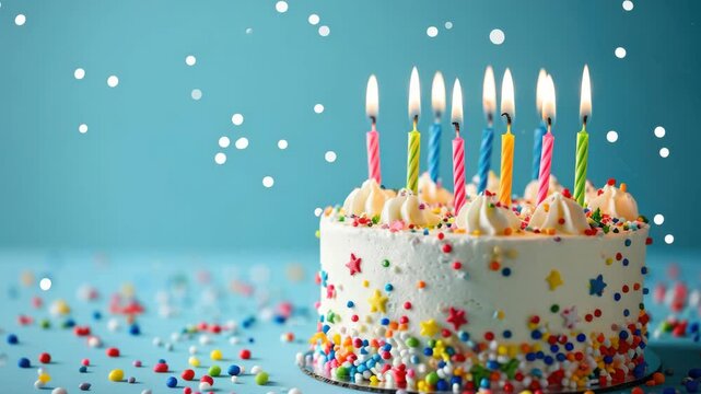 A birthday cake decorated with colorful confetti and lit candles on a table.