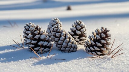Pine cones on snowy ground in bright sunlight
