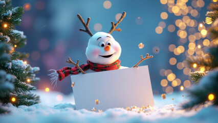 Cute snowman with reindeer antlers holding a blank sign in a snowy winter wonderland