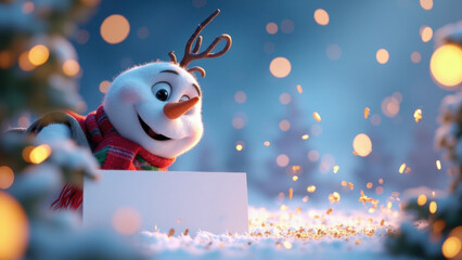 Winking snowman with reindeer antlers holds a blank sign in a snowy, festive winter scene