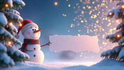 Obraz premium Smiling snowman holding a blank sign in a snowy winter wonderland with bokeh lights