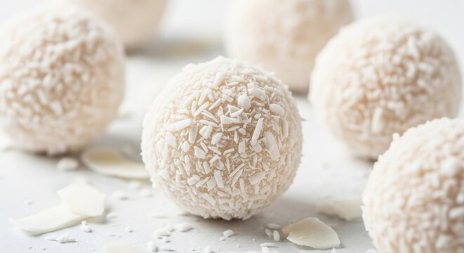 Delicious homemade coconut truffles rolled in shredded coconut, sweet dessert balls closeup