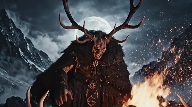 Supernatural ancient deer beast standing near burning bonfire under full moon with fire sparks in mountain landscape
