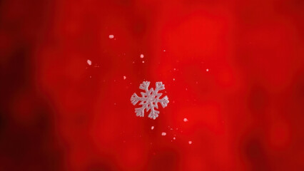 Single sparkling snowflake falling against a vibrant red blurred background with tiny white specks