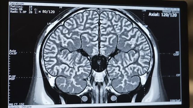 Progressive display of a human brain MRI showing coronal view slices for medical diagnosis and neurological study