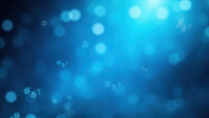 Gentle snowflakes falling against a soft blue bokeh background with bright light