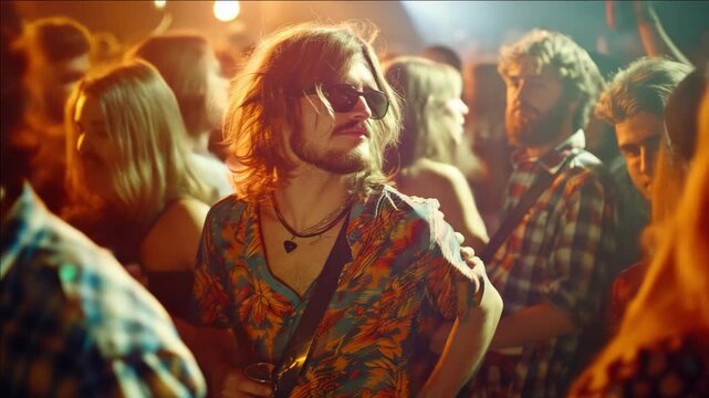 The features a vibrant night scene with people, music, and celebration in the air. The central figure is a man with shoulder-length hair, wearing a colorful patterned shirt